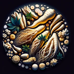 Korean white ginseng arranged artistically on a dark, contrasting background. This image aims to cap