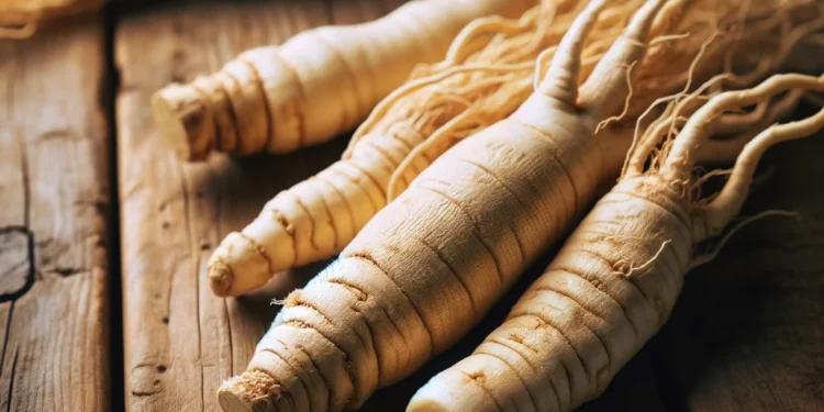 Korean white ginseng roots laid out on a rustic wooden table. The focus is on the roots' natural textures, shapes,