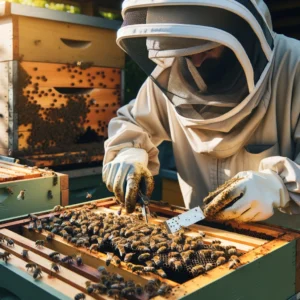 beekeeper harvesting propolis from a beehive. The scene shows the beekeeper, wearing protective gear, using a special tool to gen