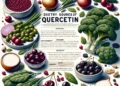 educational poster focusing on the dietary sources of Quercetin and its health benefits. The poster should be designed with a cle