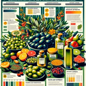 identifies the range of foods and supplements that are rich in Oleuropein. This poster should visually s