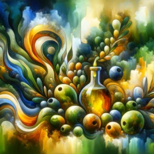 painting that highlights the significance of olives and olive oil in delivering the health benefits of Oleuropein. The