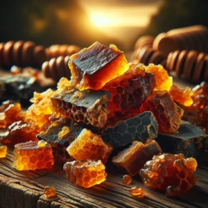 propolis in its natural state. The composition focuses on chunks of propolis scattered on a wooden surface, highlighti