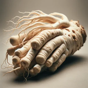 white ginseng, focusing on the texture and unique shapes of the roots. The ginseng is placed on a neutral backgrou