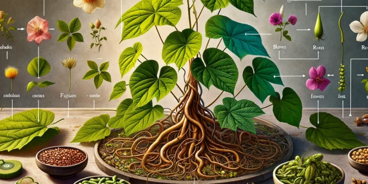 A vibrant and educational still life showcasing the ingredients derived from Kudzu. This image features the Kudzu vine prominently in the center, surr