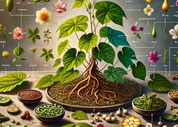 A vibrant and educational still life showcasing the ingredients derived from Kudzu. This image features the Kudzu vine prominently in the center, surr