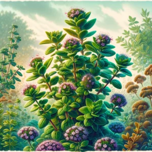 A vibrant, detailed illustration of a plant known for its high luteolin content, such as the thyme plant. The image should depict a lush, green thyme