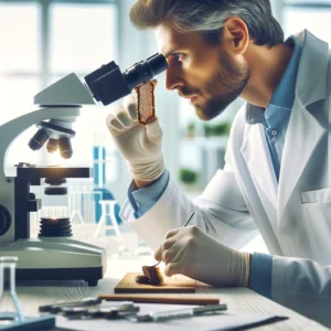 small piece of propolis under a microscope in a modern laboratory setting. The scientist, wearing a white lab coat a